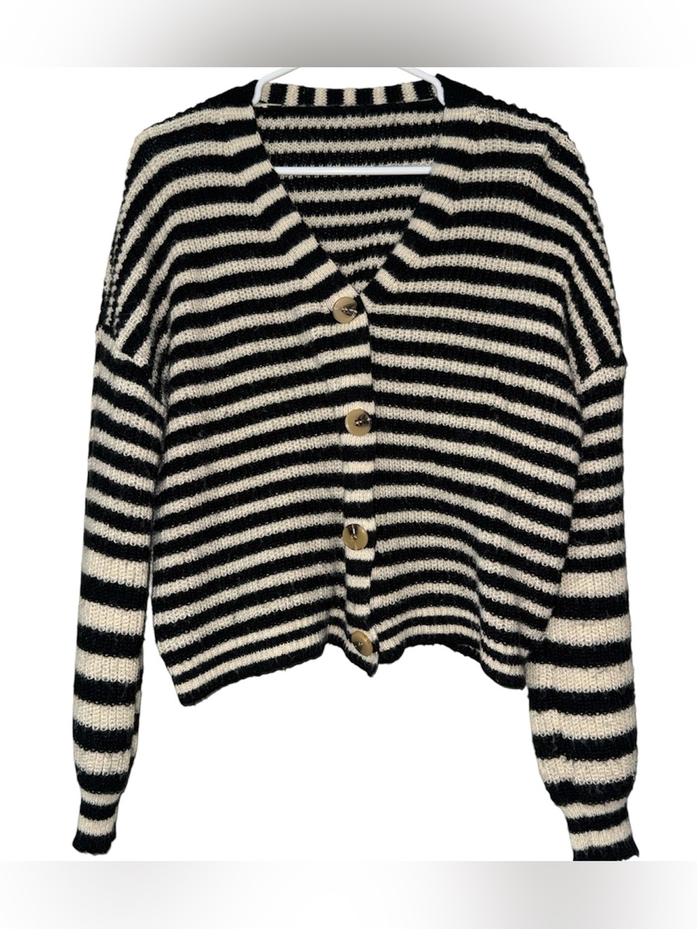 SHEIN size large black crème striped v neck button front cardigan sweater